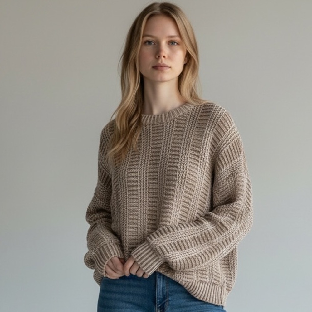 New In Chunky‎ Knit Sweater Taupe Ribbed Cable Pullover – Size L, NWT